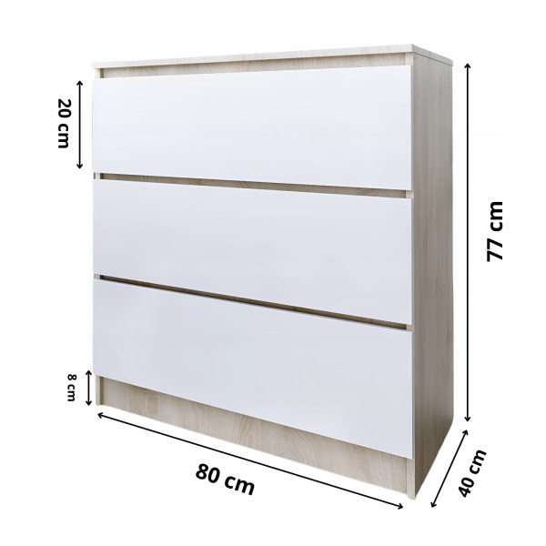 Komoda do salonu sypialni 3 szuflady 80 cm Zoe Dąb Sonoma Biały Mat, 5192219