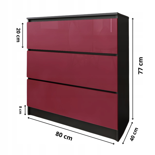 Komoda do salonu sypialni 3 szuflady MDF 80 cm Zoe Czarna Czerwony Połysk, 5192226