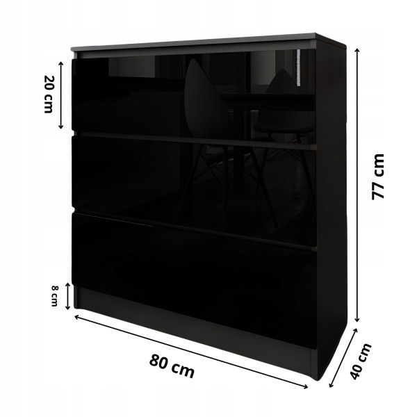 Komoda do salonu sypialni 3 szuflady MDF 80 cm Zoe Czarna Czarny Połysk, 5192459