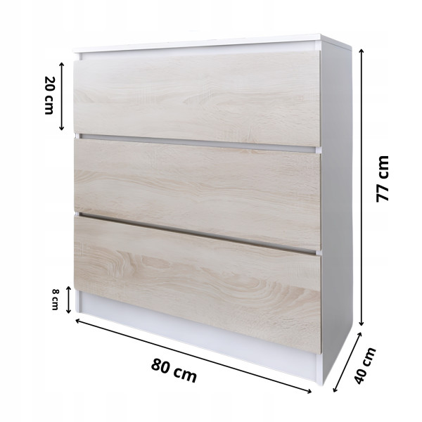 Komoda do salonu sypialni 3 szuflady 80 cm Zoe Biała Dąb Sonoma, 5192466
