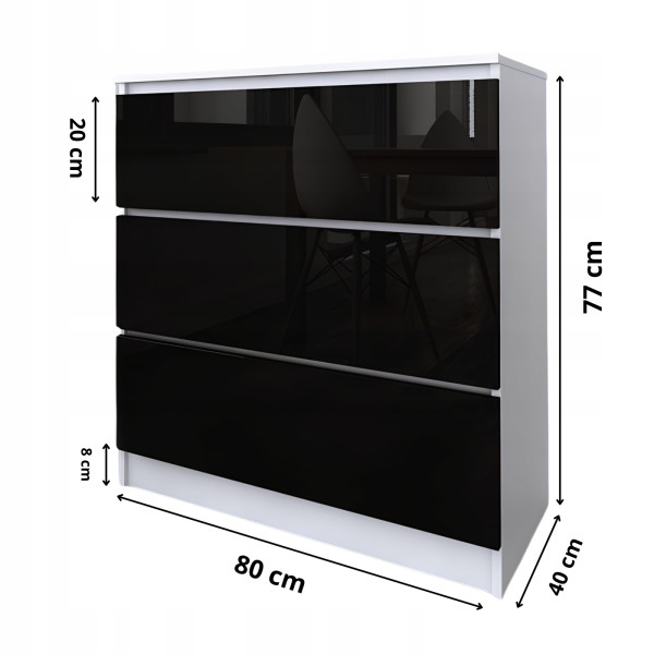 Komoda do salonu sypialni 3 szuflady MDF 80 cm Zoe Biała Czarny Połysk, 5192529