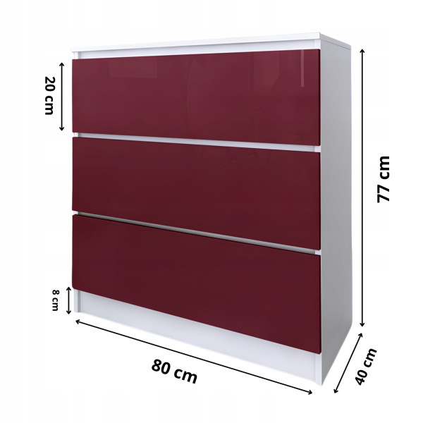 Komoda do salonu sypialni 3 szuflady MDF 80 cm Zoe Biała Bordo Połysk, 5192556