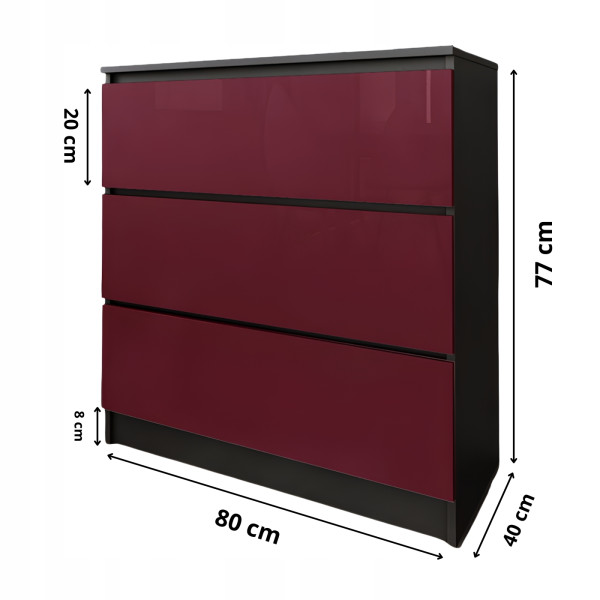 Komoda do salonu sypialni 3 szuflady MDF 80 cm Zoe Czarna Bordo Połysk, 5192563