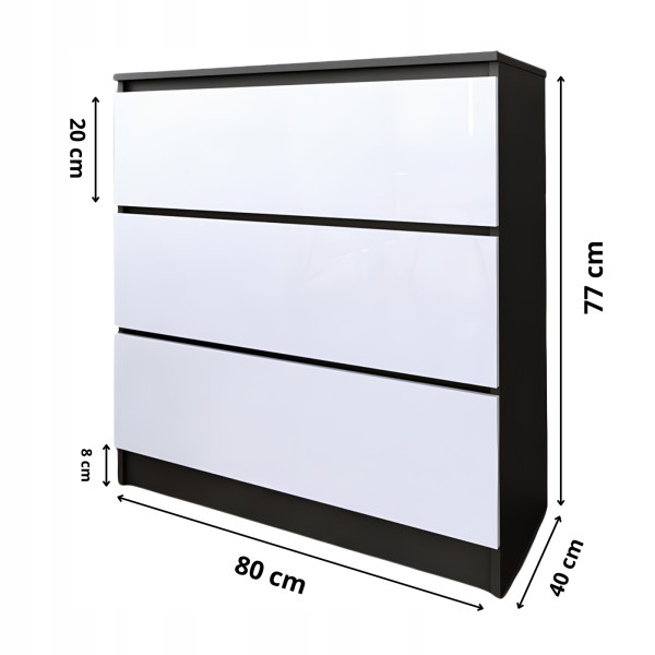 Komoda do salonu sypialni 3 szuflady MDF 80 cm Zoe Czarna Biały Połysk, 5192570