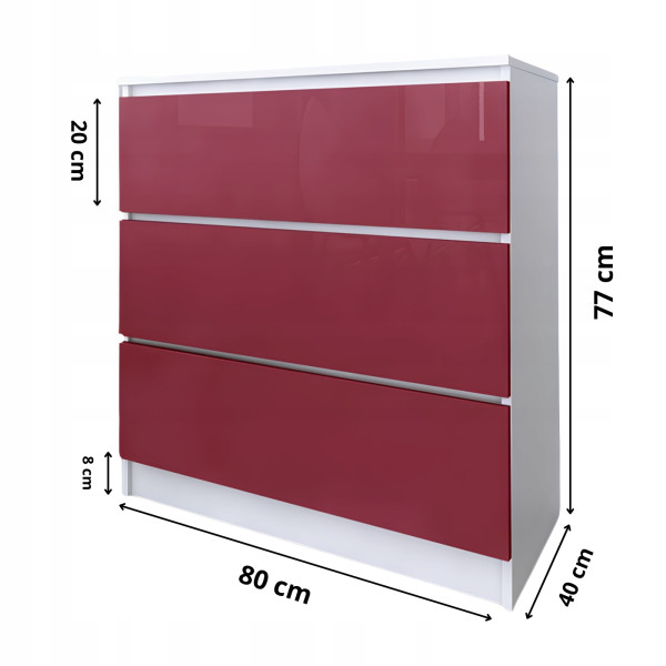 Komoda do salonu sypialni 3 szuflady MDF 80 cm Zoe Biała Czerwony Połysk, 5192584