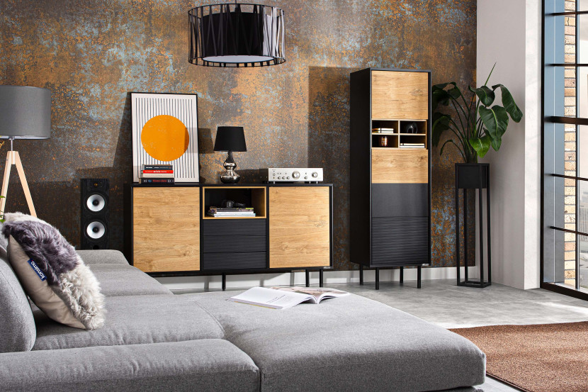 KONSIMO LOFTY Witryna z szufladami w stylu loft z ozdobnym ryflowaniem, 5482376