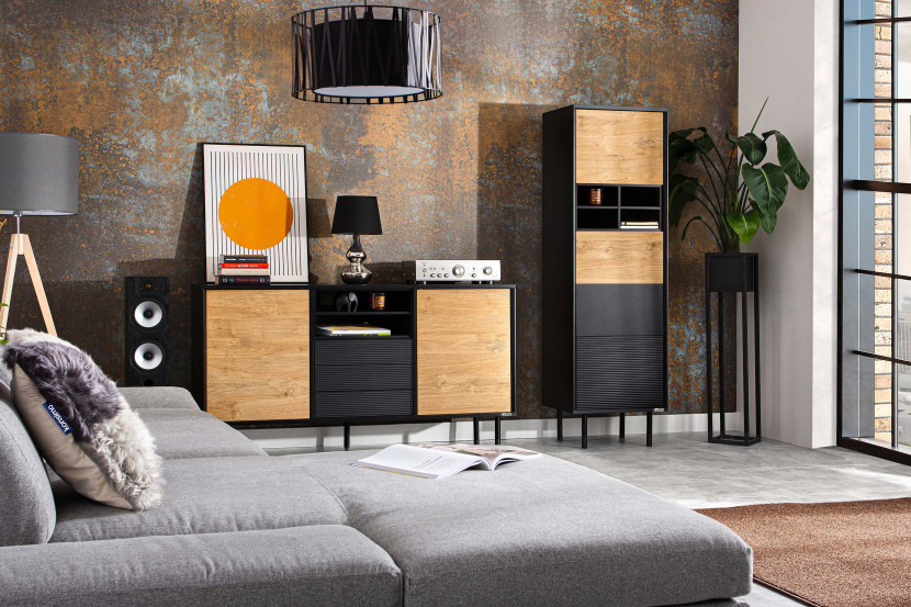 KONSIMO LOFTY Komoda w stylu loft na czarnych drewnianych nogach z półkami, 5485895