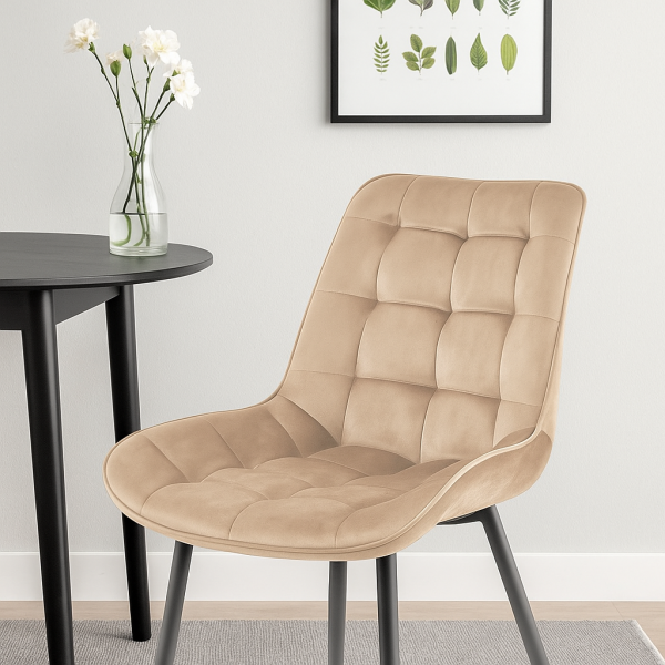 Krzesło Welurowe Pikowane Loft Jadalnia Salon Beż  M17, 5595311