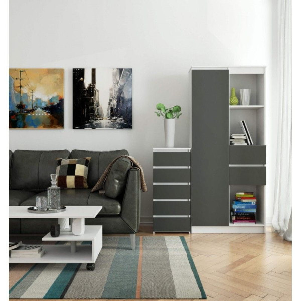 Wąska komoda, STILO, 5 szuflad, 40x35x92, biały, szary, mat | TYLETEGOTU, 5726821
