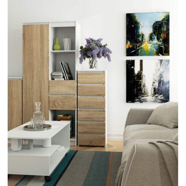 Wąska komoda, STILO, 40x35x109 cm, biały, dąb sonoma, mat | TYLETEGOTU, 5726865