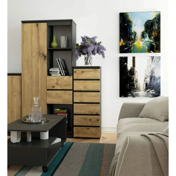 Wąska komoda, STILO, 40x35x109 cm, szary, dąb artisan, mat | TYLETEGOTU, 5726916