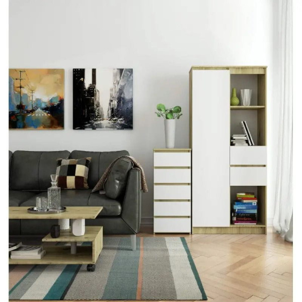 Wąska komoda, STILO, 40x35x92 cm, biel, dąb artisan, mat | TYLETEGOTU, 5726922