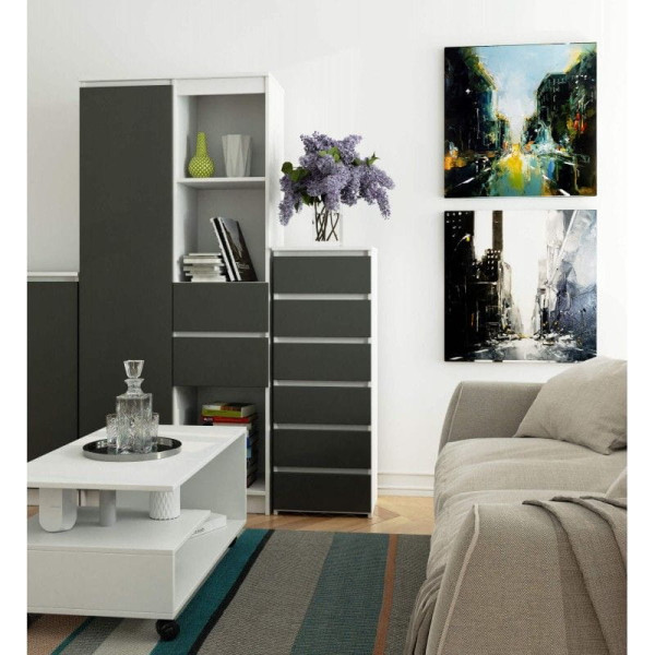 Wąska komoda, STILO, 40x35x109 cm, biały, grafit szary, mat | TYLETEGOTU, 5726945