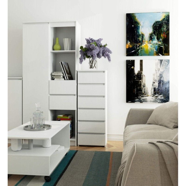 Wąska komoda do salonu, STILO, 40x35x109 cm, biel, mat | TYLETEGOTU, 5726959
