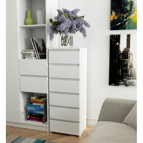 Wąska komoda do salonu, STILO, 40x35x109 cm, biel, mat | TYLETEGOTU, 5726960