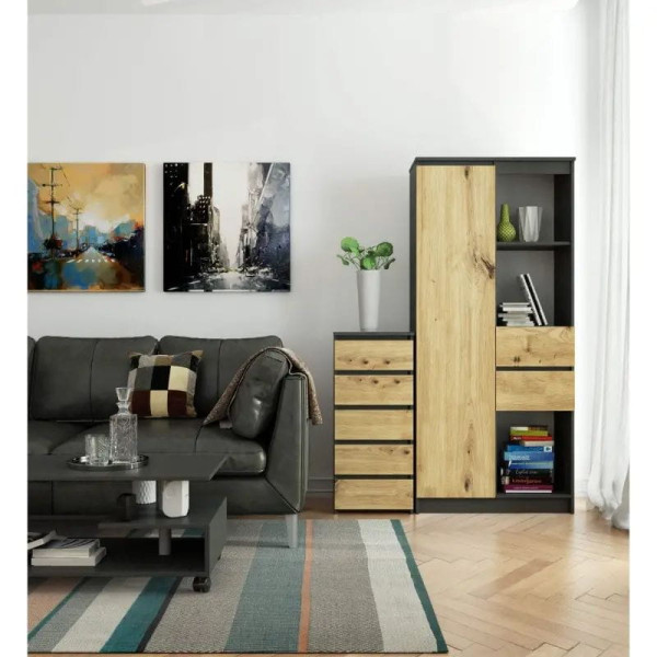 Wąska komoda, STILO, 40x35x92, szary, dąb artisan, mat | TYLETEGOTU, 5726993