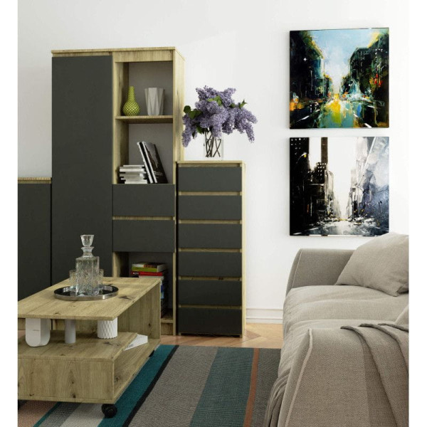 Wąska komoda, STILO, 40x35x109 cm, dąb, grafit szary, mat | TYLETEGOTU, 5727013
