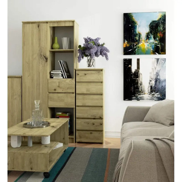 Wąska komoda do salonu, STILO, 40x35x109 cm, dąb artisan, mat | TYLETEGOTU, 5727023