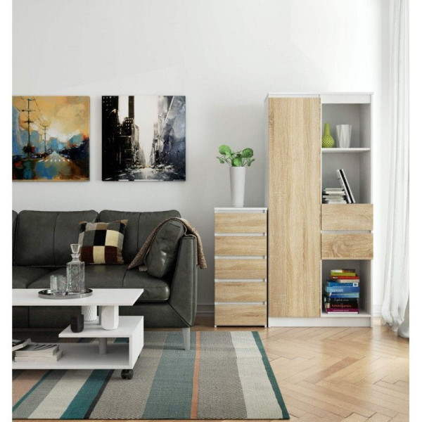 Wąska komoda, STILO, 5 szuflad, 40x35x92, biały, dąb sonoma| TYLETEGOTU, 5727033