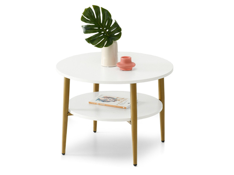 Stolik kawowy z półką białe drewno na złotych nogach okrągły 60 cm RENNE-S, 6378295