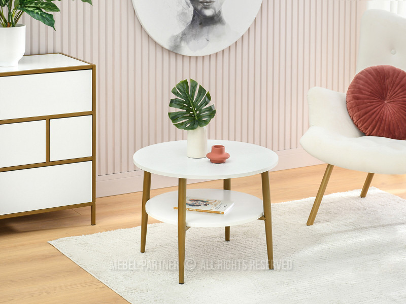Stolik kawowy z półką białe drewno na złotych nogach okrągły 60 cm RENNE-S, 6378296