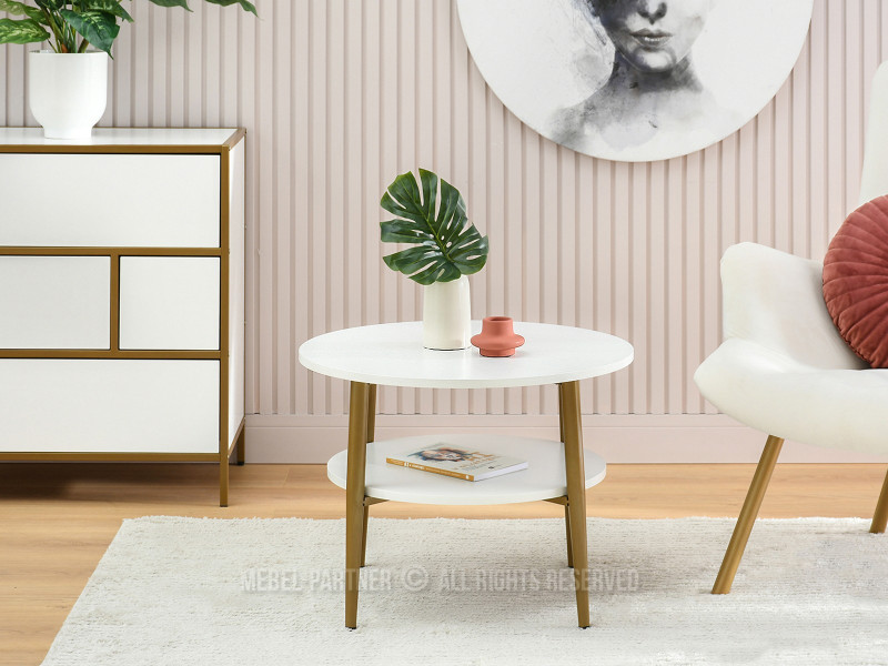 Stolik kawowy z półką białe drewno na złotych nogach okrągły 60 cm RENNE-S, 6378297