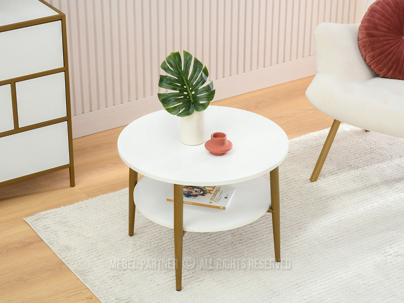Stolik kawowy z półką białe drewno na złotych nogach okrągły 60 cm RENNE-S, 6378298