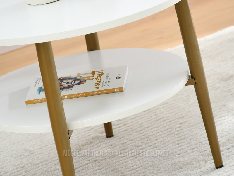 Stolik kawowy z półką białe drewno na złotych nogach okrągły 60 cm RENNE-S, 6378301
