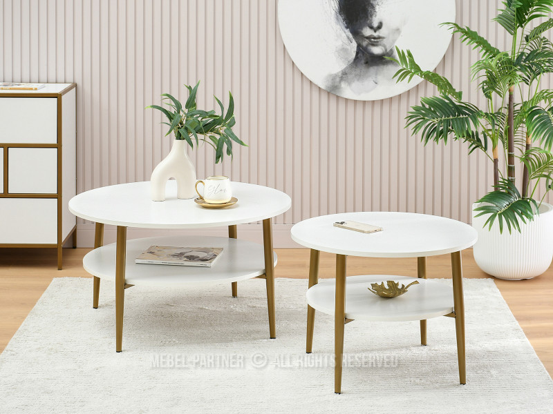 Stolik kawowy z półką białe drewno na złotych nogach okrągły 60 cm RENNE-S, 6378304