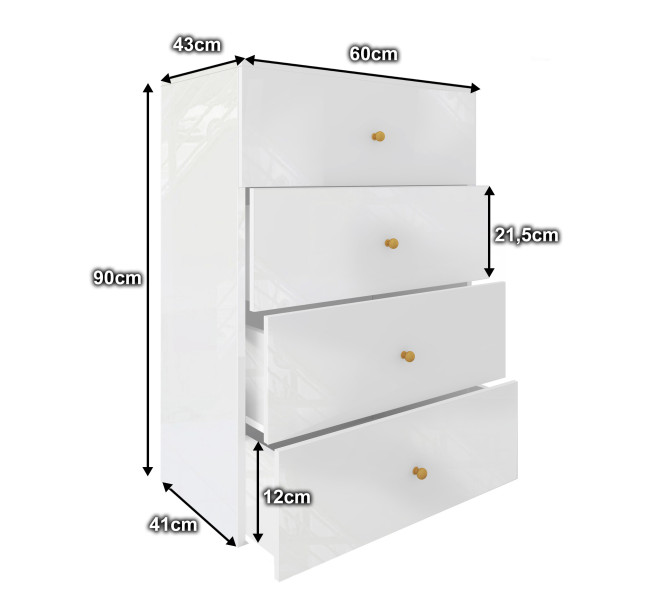 Komoda Klara 60 4S Biały Połysk/Z 60X43X90 Cm, 6571104