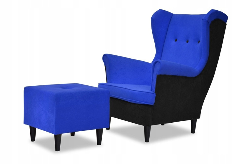 Fotel Uszak z podnóżkiem modry połączony z czernią, 664885