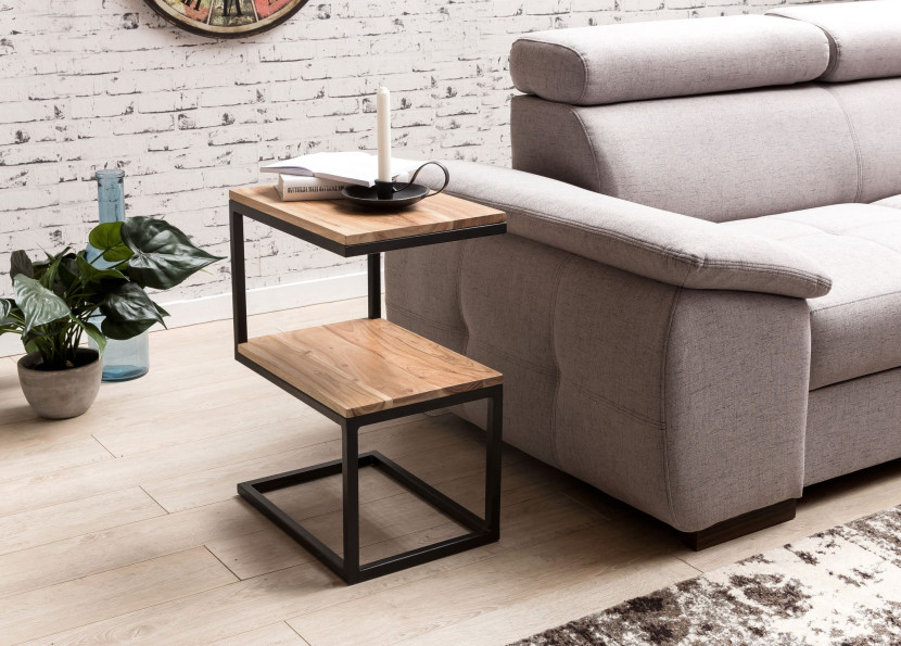 FineBuy Stolik Pomocniczy Kształt S 45x30x60 cm Lite Drewno Akacjowe Metal, 675728