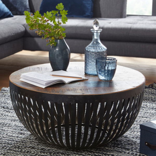 FineBuy Stolik Kawowy Okrągły 70x70x33 cm Drewno Metal Brązowy, 675941