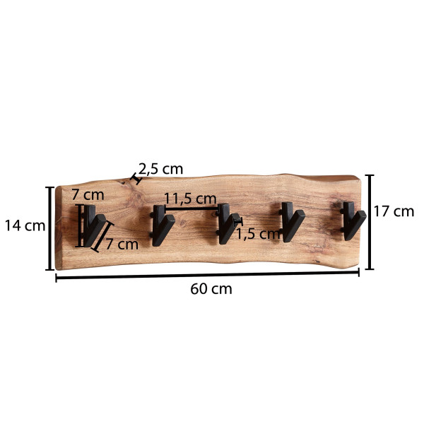 FineBuy Wieszak Ścienny 60 cm Lite Drewno Akacjowe z Naturalną Krawędzią, 677894