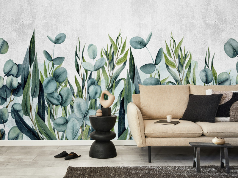 Fototapeta Liście Eukaliptusa na Betonie do Salonu i Sypialni 100x70cm, 6823733