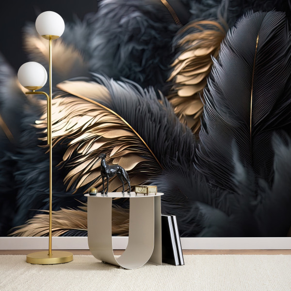 Fototapeta Czarno-złote Pióra do Salonu i Sypialni 250x175cm Glamour, 6823980