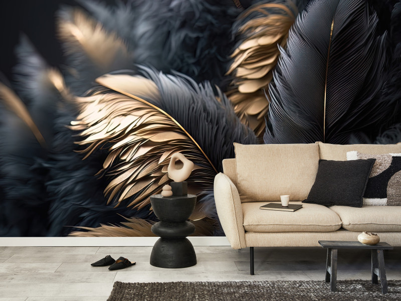Fototapeta Czarno-złote Pióra do Salonu i Sypialni 200x140cm Glamour, 6824208