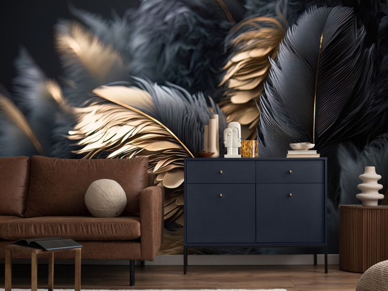 Fototapeta Czarno-złote Pióra do Salonu i Sypialni 500x350cm Glamour, 6824435