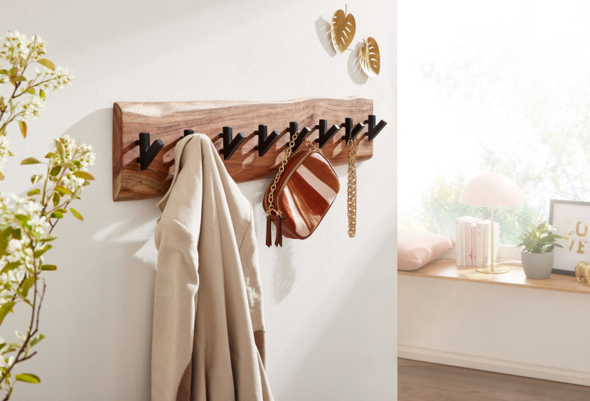 FineBuy Wieszak Ścienny 90 cm Lite Drewno Akacjowe z Naturalną Krawędzią, 686421