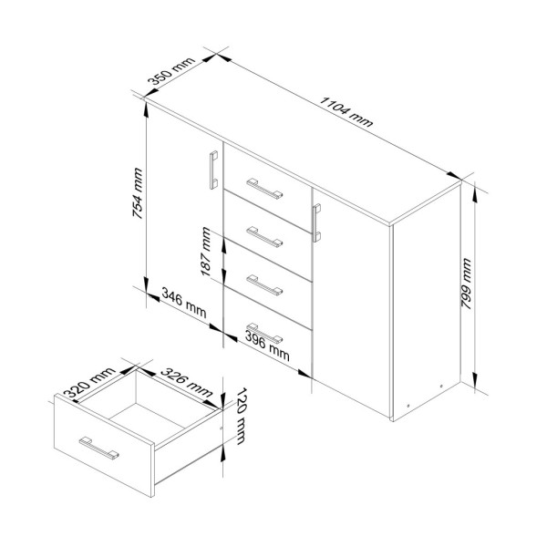 Komoda do sypialni, drzwi, LENA, 110x35x80, biel, czarny | TYLETEGOTU, 6880101