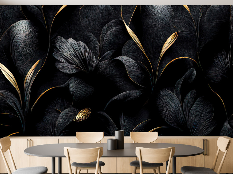 Fototapeta Czarne Liście ze Złotem do Salonu i Sypialni 100x70cm Glamour, 6886135