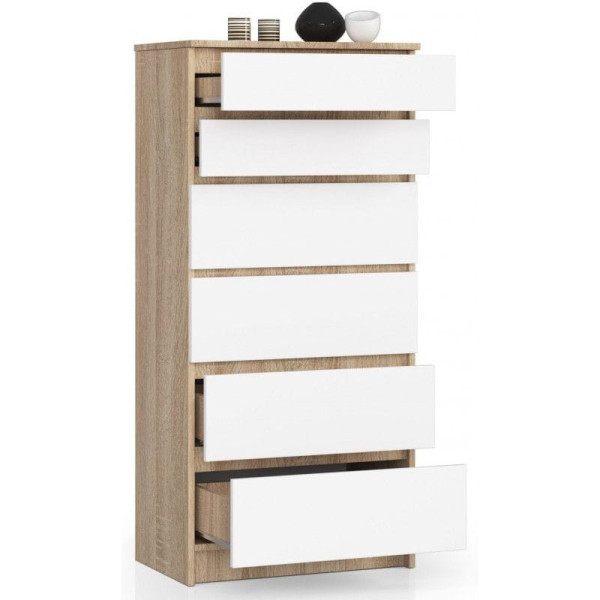 Komoda do sypialni, 6 szuflad, STILO, 60x40x130, sonoma, biel | TYLETEGOTU, 6918407