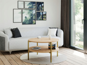 Stolik kawowy okrągły nowoczesny z półką 75x75x46 cm metalowy złoty