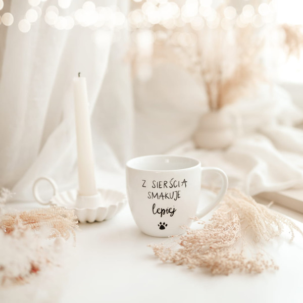 Biały Kubek Porcelanowy 300 ml - Z Sierścią Smakuje Lepiej, 6959704