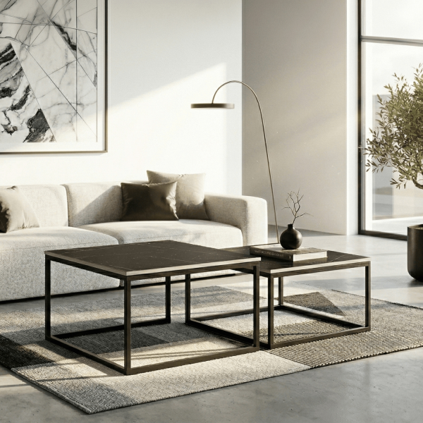 Stolik Kawowy Kwadratowy Zestaw 2w1 Ława Glamour Czarny Marmur TENOR, 7006093