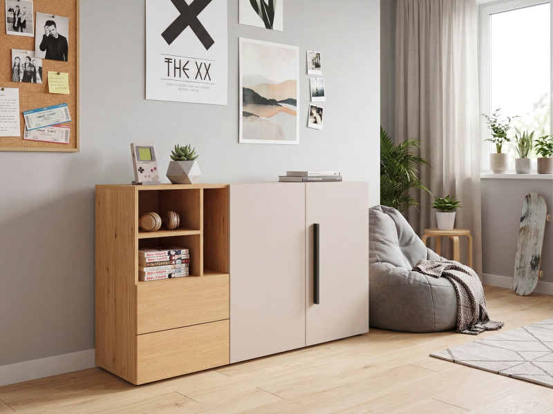 Komoda z 2 szufladami i 2 drzwiami 135 cm łdzieżowa LUMI, 7173009