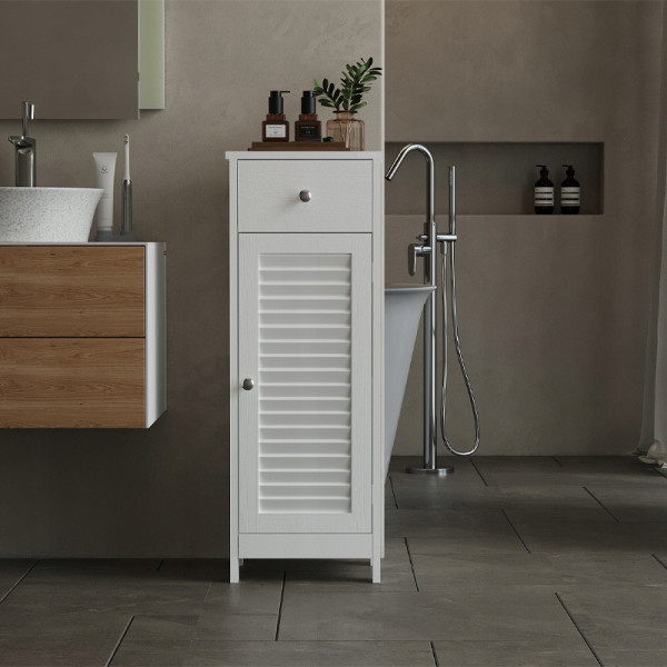 Szafka łazienkowa słupek drzwi biała wysoka 2 półki z szufladą loft 87 cm, 7361230