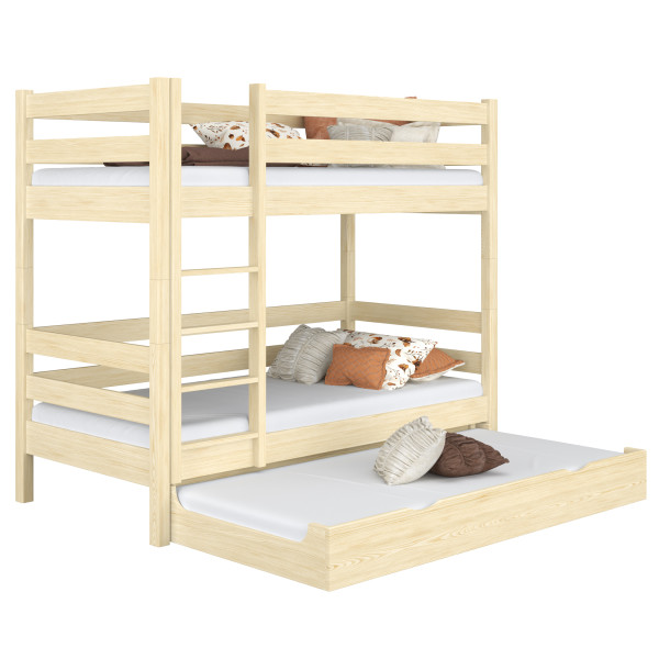 Drewniane łóżko piętrowe 2+1 N01 sosna bezbarwna 80x180, 742286