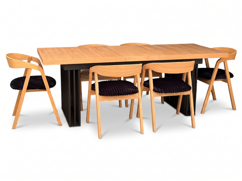 Stół Iron 90x180/260cm + 6 Krzesła Dębowe Sztaplowane Mega T Black, 7430292