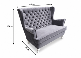 Designerska sofa uszak 2-osobowa glamour pikowana szara nogi ludwik